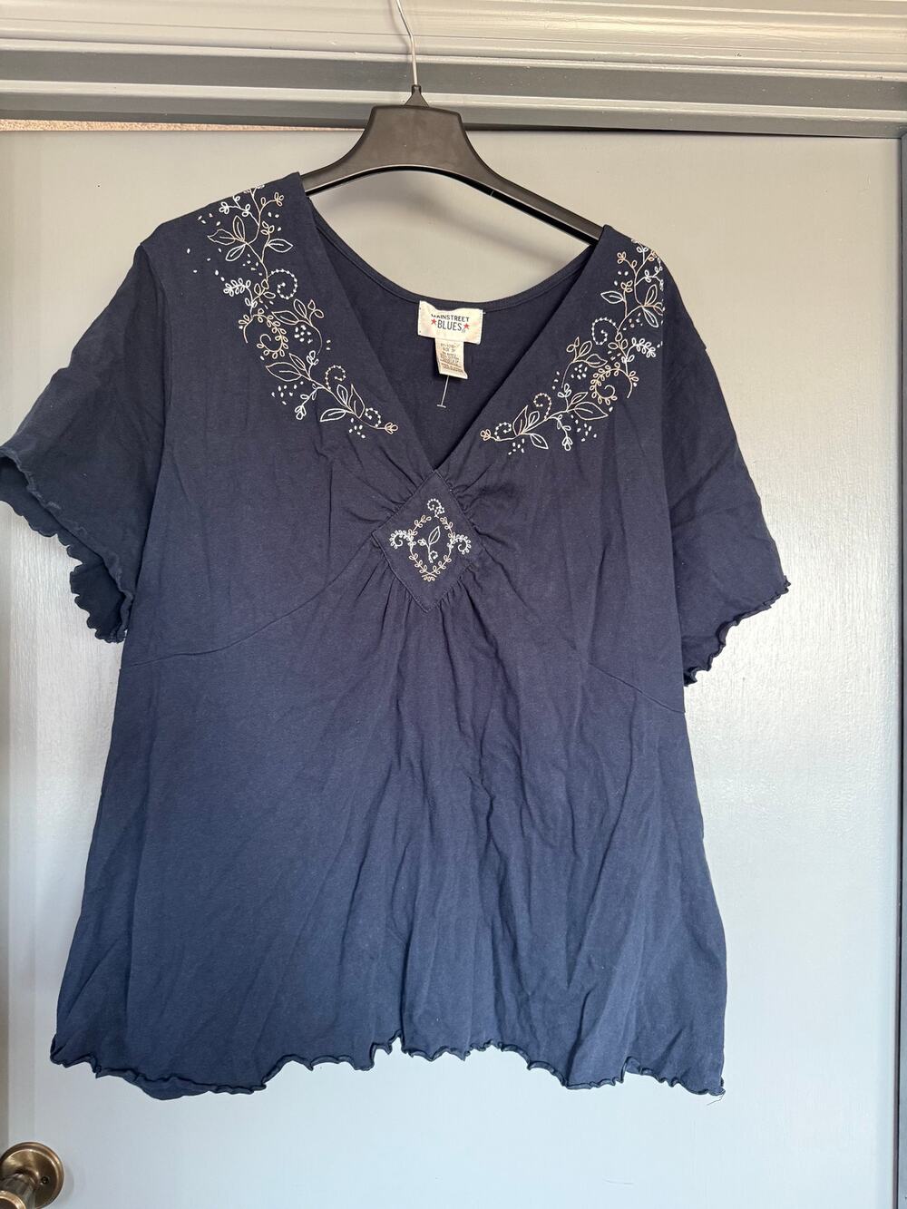 Mainstreet Blues Women's 100% Cotton Knit Embroidered Pullover V-Neck Top sz 3X